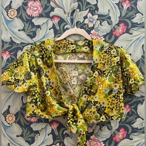 psychedelic vintage 70s green, yellow and blue floral crop top